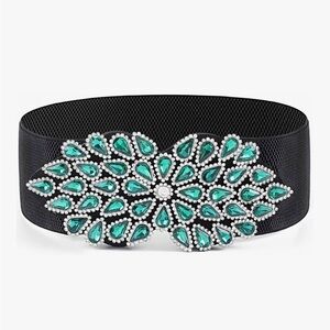 Rhinestone Stretch Belt Wide Green Dress Belt Women